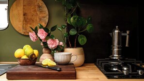 Kühlschrank, Mikrowelle, Herdplatte, Wasserkocher mit Kaffee-/Teezubehör