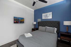 1 bedroom, desk, iron/ironing board, travel cot