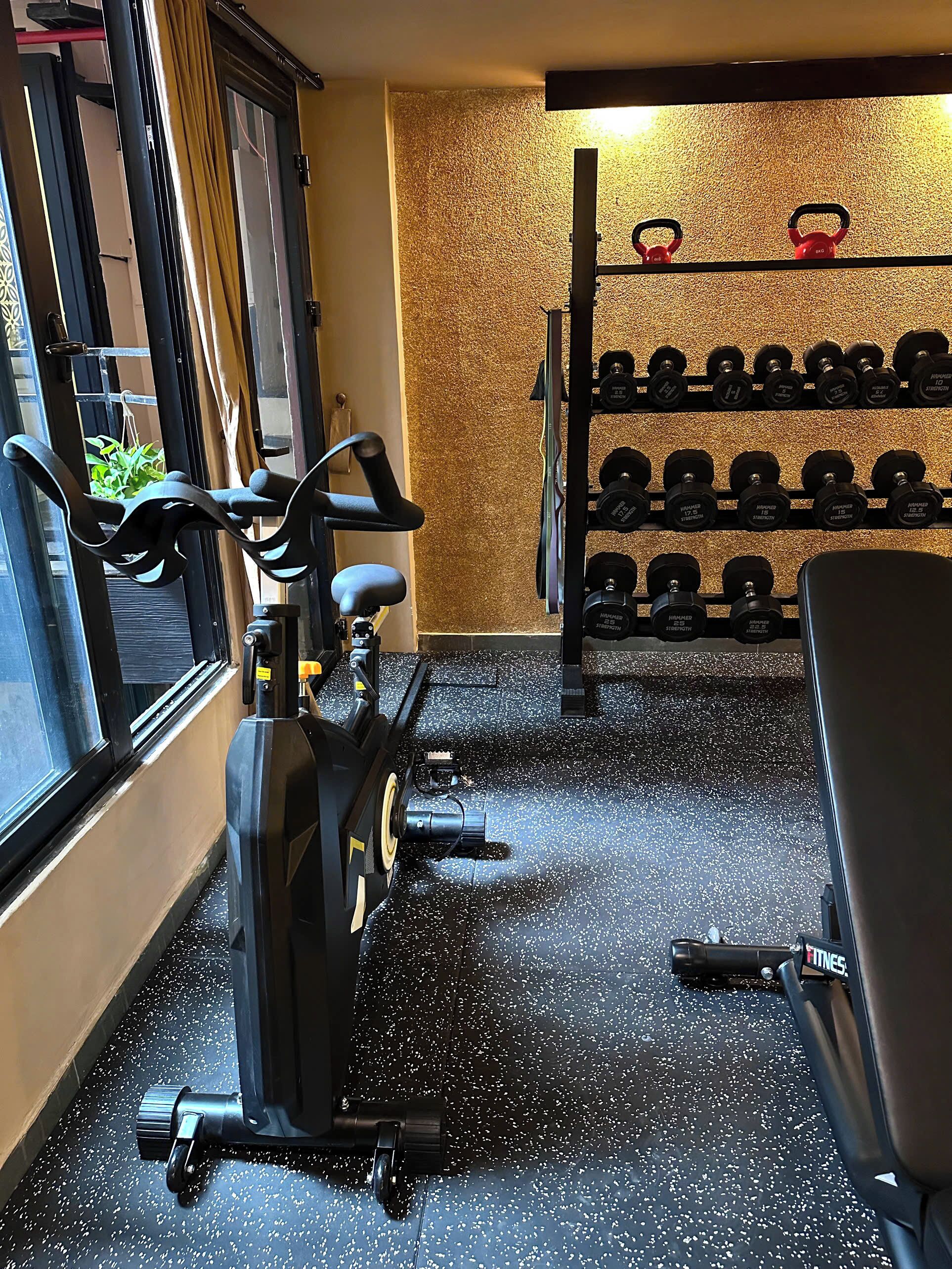 A gym with exercise equipment, a kettlebell rack, and a window with a view.