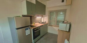 Frigorífico, microondas, horno y placa de cocina