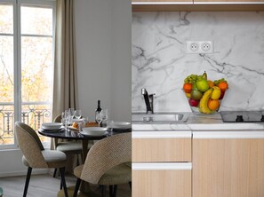 Oven, dishwasher, coffee/tea maker, dining tables