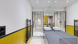 A modern bathroom with two sinks, a shower, and a large mirror. - TBS 43 - Sumptuous apartment in the heart of Paris (Paris)