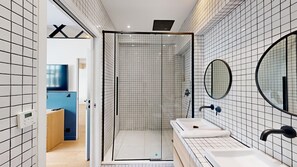 Shower, hair dryer, towels