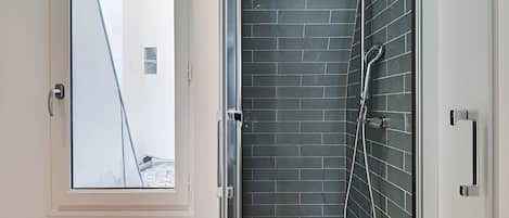 Shower, hair dryer, towels