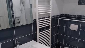 Ducha, secador de pelo, toallas y papel higiénico