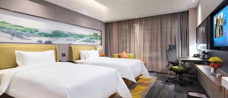 A hotel room with two beds, a desk, a chair, a television, and a large painting on the wall.