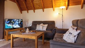 Un salon chaleureux avec un plafond en bois, un téléviseur posé sur un meuble en bois, un canapé marron et une table basse agrémentée d’objets décoratifs.