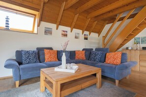 TV, fireplace, DVD player, stereo - Vacation home Lichtes Haus am Feld. With two terraces and close to the coast. (Wurster Nordseeküste)