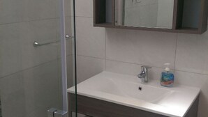 A bathroom with a glass shower enclosure, a white sink with a soap dispenser, and a mirror above the sink.