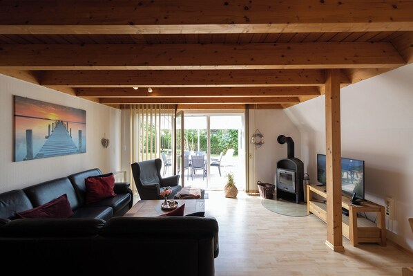 Televisión, chimenea, reproductor de DVD y estéreo 