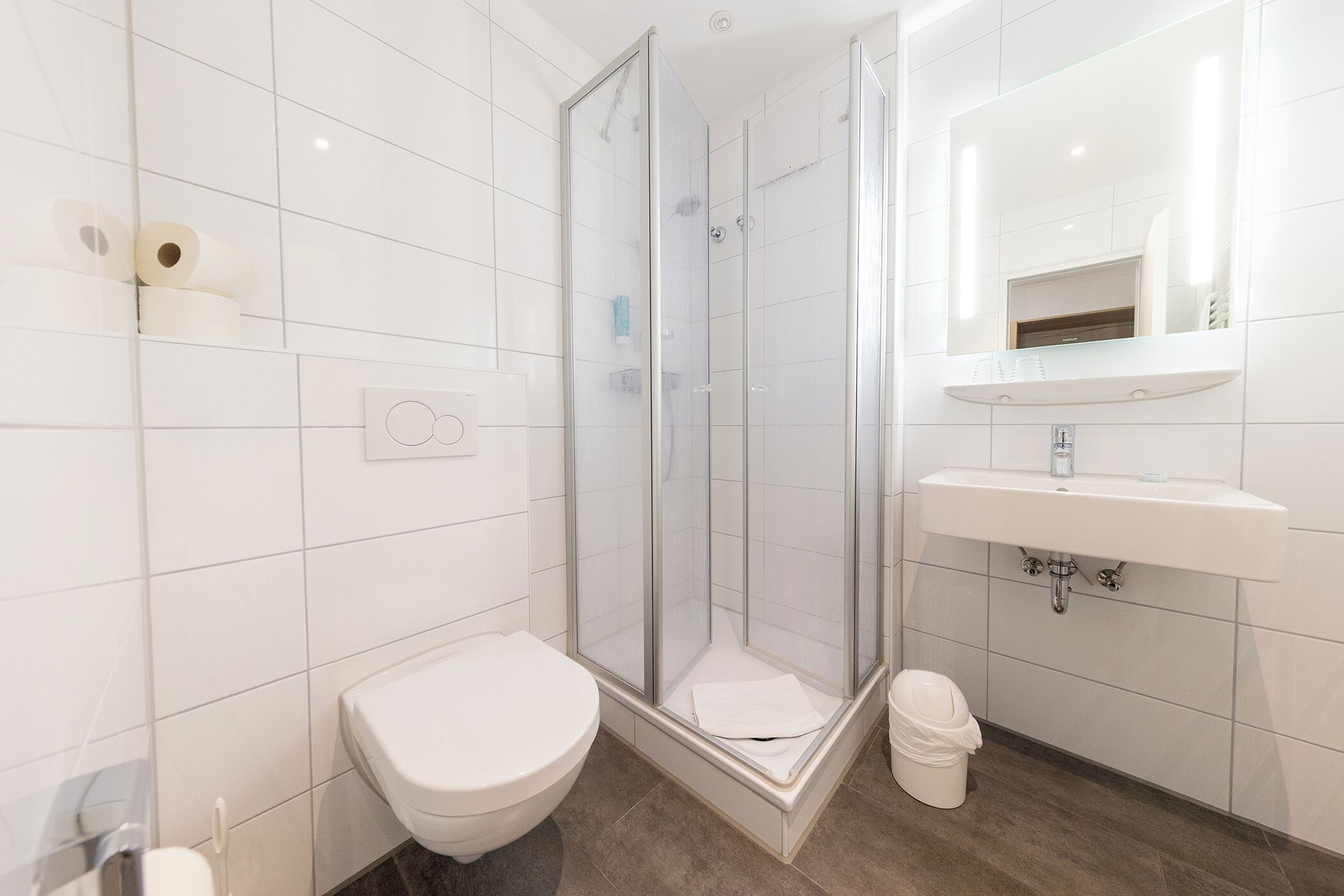 A modern bathroom with a toilet, a glass-enclosed shower, and a sink with a mirror above it.