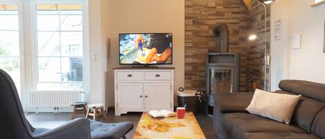 Una televisión, una chimenea, un reproductor de DVD