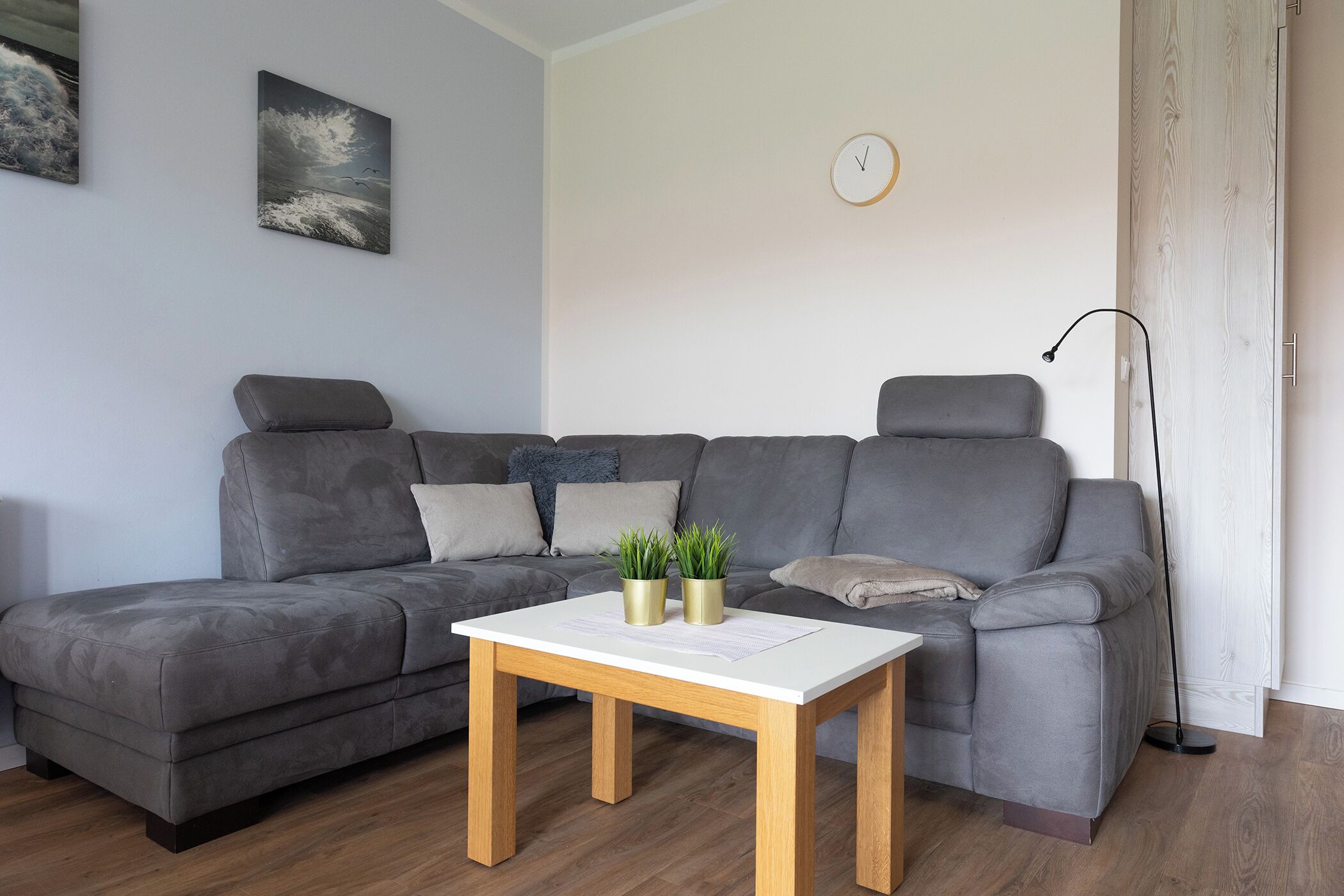 Un salon moderne avec un canapé d’angle gris, une table basse blanche et deux plantes en pot.