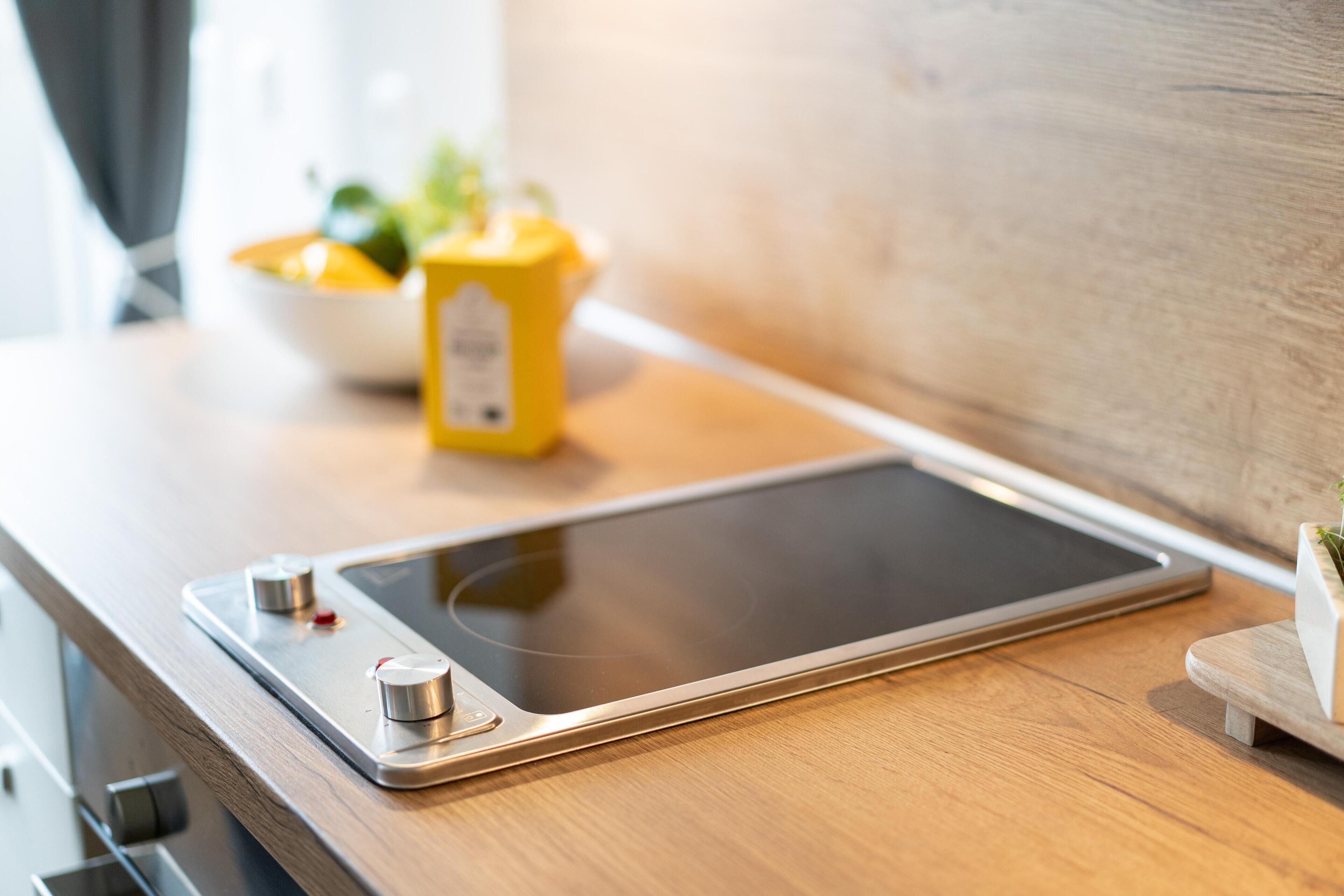 A kitchen counter with a built-in induction cooktop and a small plant.