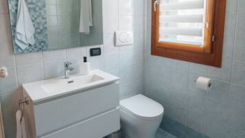 Shower, hair dryer, bidet, towels