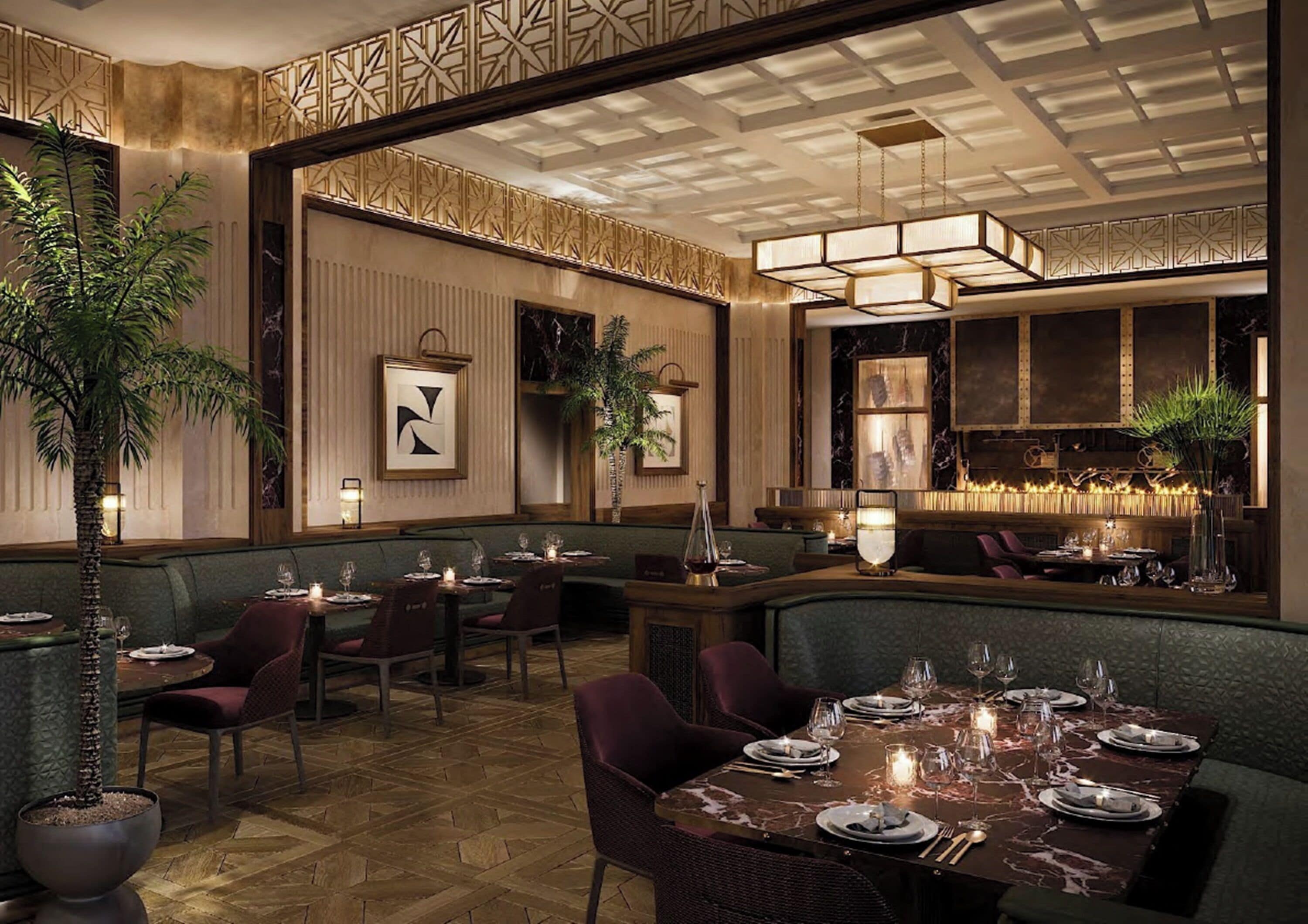 Ein Restaurant mit hoher Decke, Wandverkleidungen mit Muster und verschiedenen Sitzgelegenheiten, darunter Sitzeinheiten und Tische.