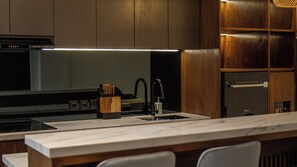 Full-size fridge, oven, stovetop, electric kettle
