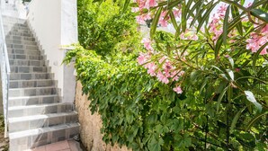 A staircase leading up to a white building, surrounded by lush greenery and pink flowers.