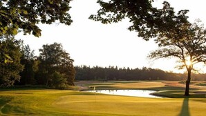 A golf course with a pond, trees, and a sunset in the background.