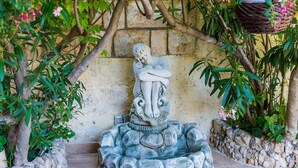 Una estatua de mujer en un jardín con escalones de piedra y abundante vegetación.