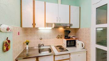 Fridge, microwave, stovetop, cookware/dishes/utensils