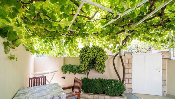 A covered patio with a table and chairs, surrounded by greenery and a white door.