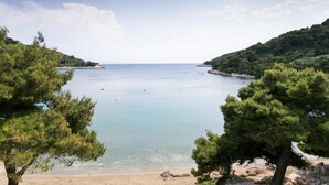 A coastal landscape with clear water, sandy beach, and pine trees. - Apartments Franka Saplunara-One-Bedroom Apartment with Terrace and Sea View No1 (Saplunara)