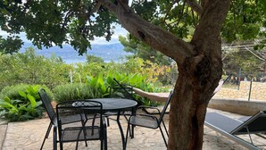 Un espace extérieur aménagé avec une table et des chaises, un hamac et une vue sur un paysage montagneux.