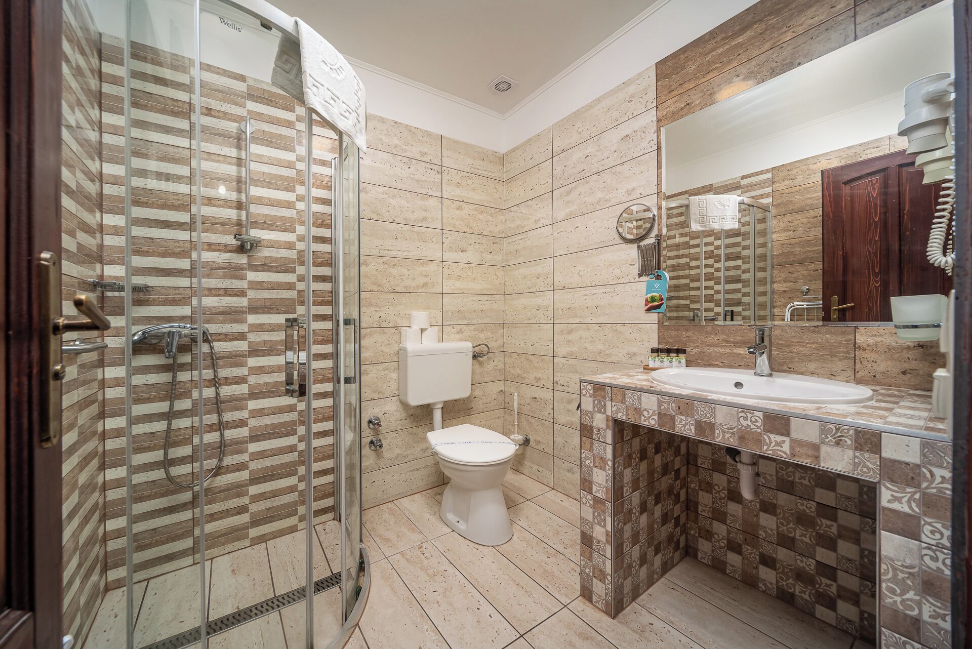 A bathroom with a glass-enclosed shower, a toilet, and a sink with a mirror.
