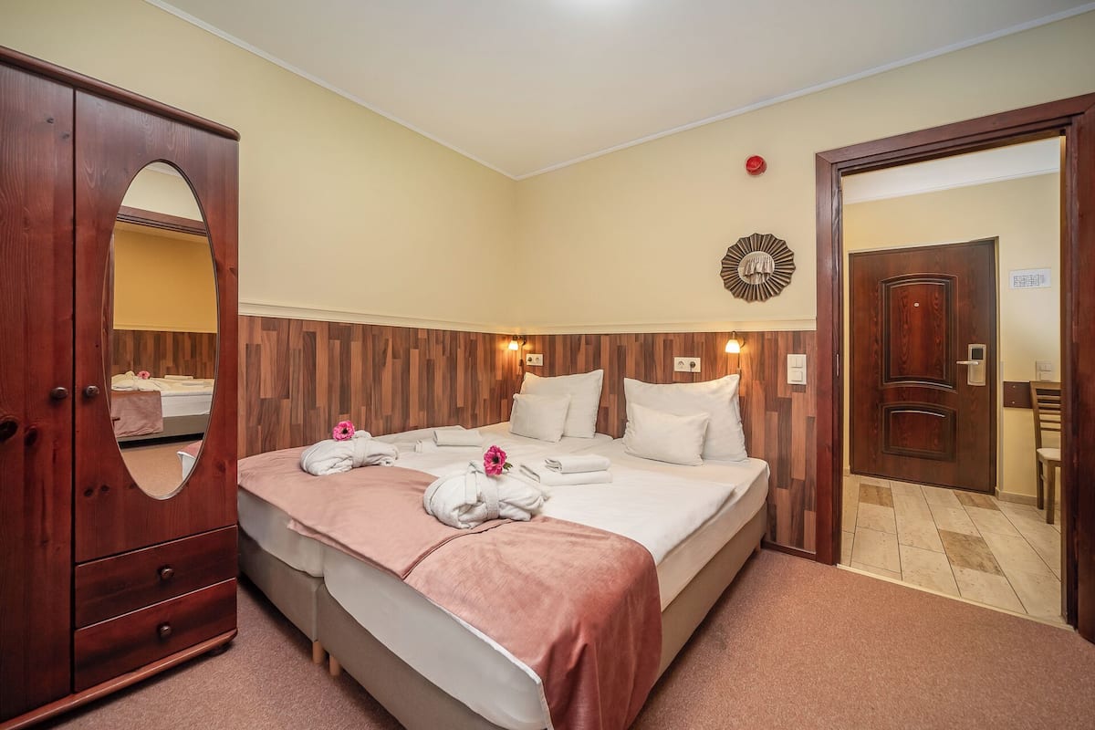 Habitación de hotel con una cama grande, cabecero de madera y un armario espejo.
