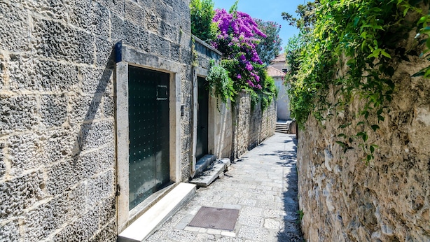 A narrow stone pathway flanked by buildings with steps leading up to a door.