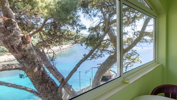 A room with a large window overlooking a body of water, a tree in the foreground, and a table with a chair.