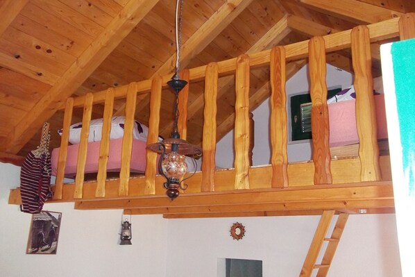 Cozy loft-style bedroom with a bed against the wall, featuring a hanging lamp and a ladder for easy access to the upper level.