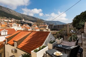 A rooftop terrace with a tiled roof, potted plants, and outdoor furniture.