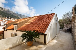A rooftop terrace with a tiled roof, a potted plant, and a stone wall.