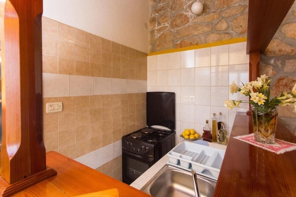 A kitchen with a gas stove, a sink, and a stone wall. - Guest House Simunovic - Studio Apartment with Terrace (Sipanska Luka)