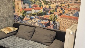 Ein Zimmer mit grauem Sofa, einer flauschigen grauen Decke und einer Heizung.
