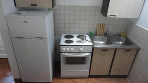 A compact kitchen with a refrigerator, stove, oven, and sink.