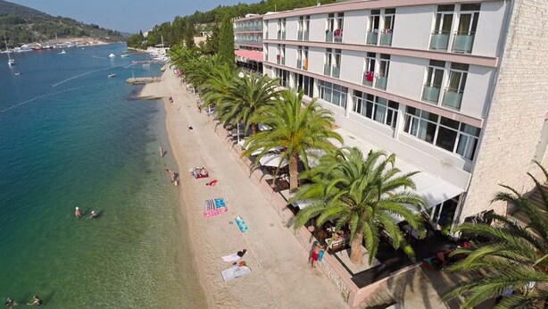A coastal hotel with a beach view, multiple balconies, and palm trees. - Apartments & Rooms Sunshine Home - Double Room with balcony ( Black ) (Vela Luka)