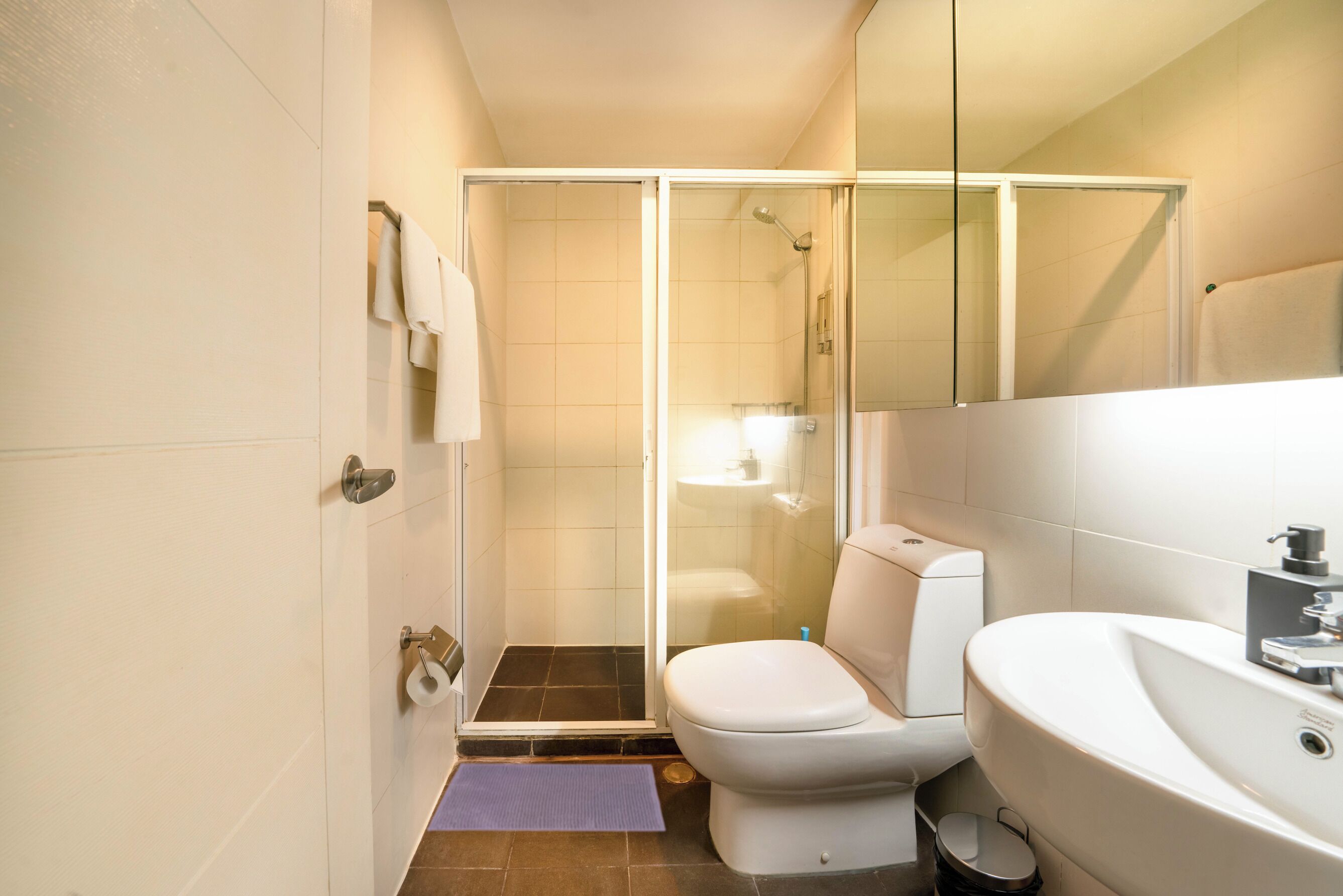 A modern bathroom with a glass shower enclosure, a white toilet, and a sink with a mirror.