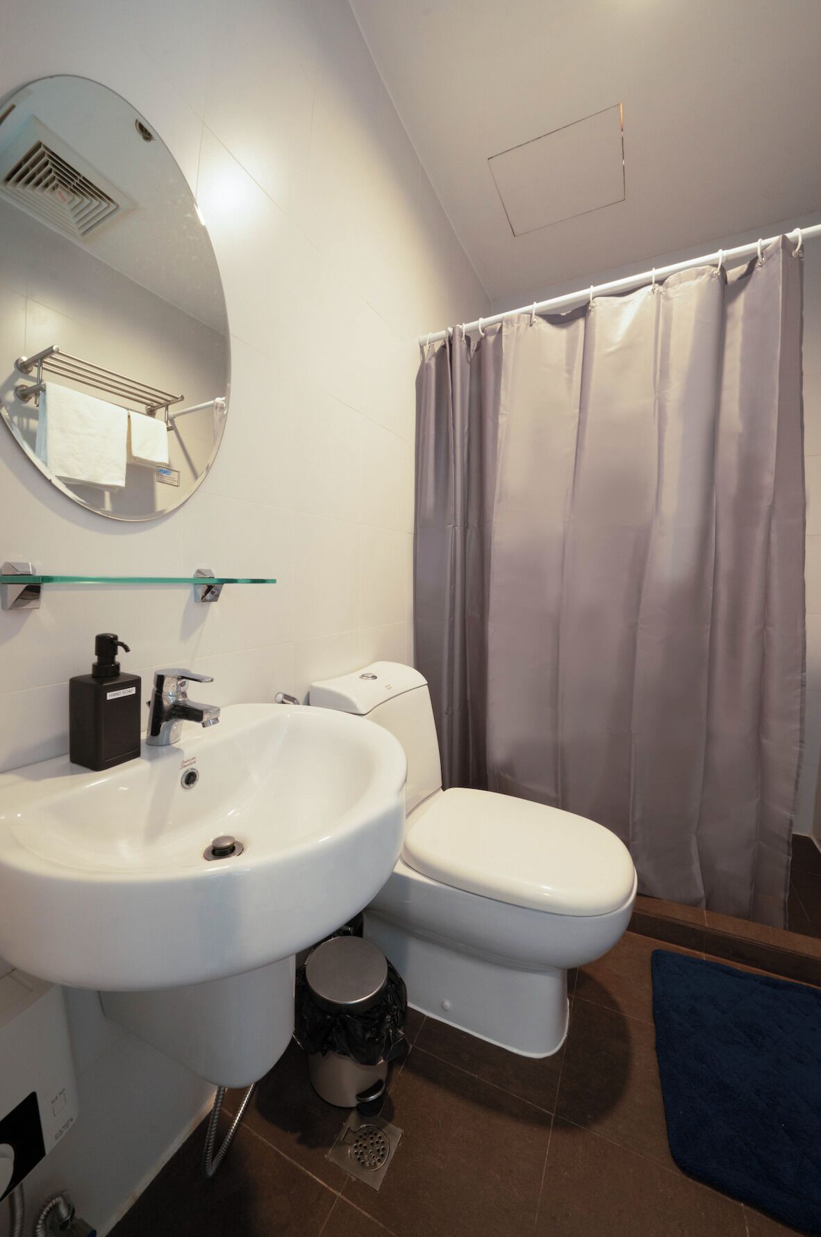 A bathroom with a white sink, a toilet, a mirror, and a shower curtain.