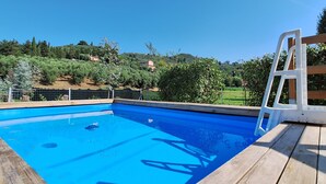 Ein Schwimmbecken mit Holzterrasse und weißer Leiter, umgeben von Grünflächen und Hügeln im Hintergrund.