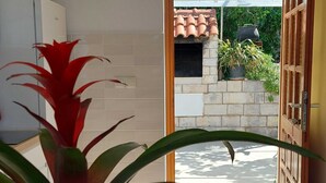 Vista a través de una puerta abierta a un patio con un muro de baldosas, un muro de piedra y plantas en macetas.