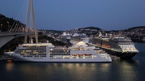 Ett stort kryssningsfartyg låg förtöjt vid en hamn, med en bro i bakgrunden.