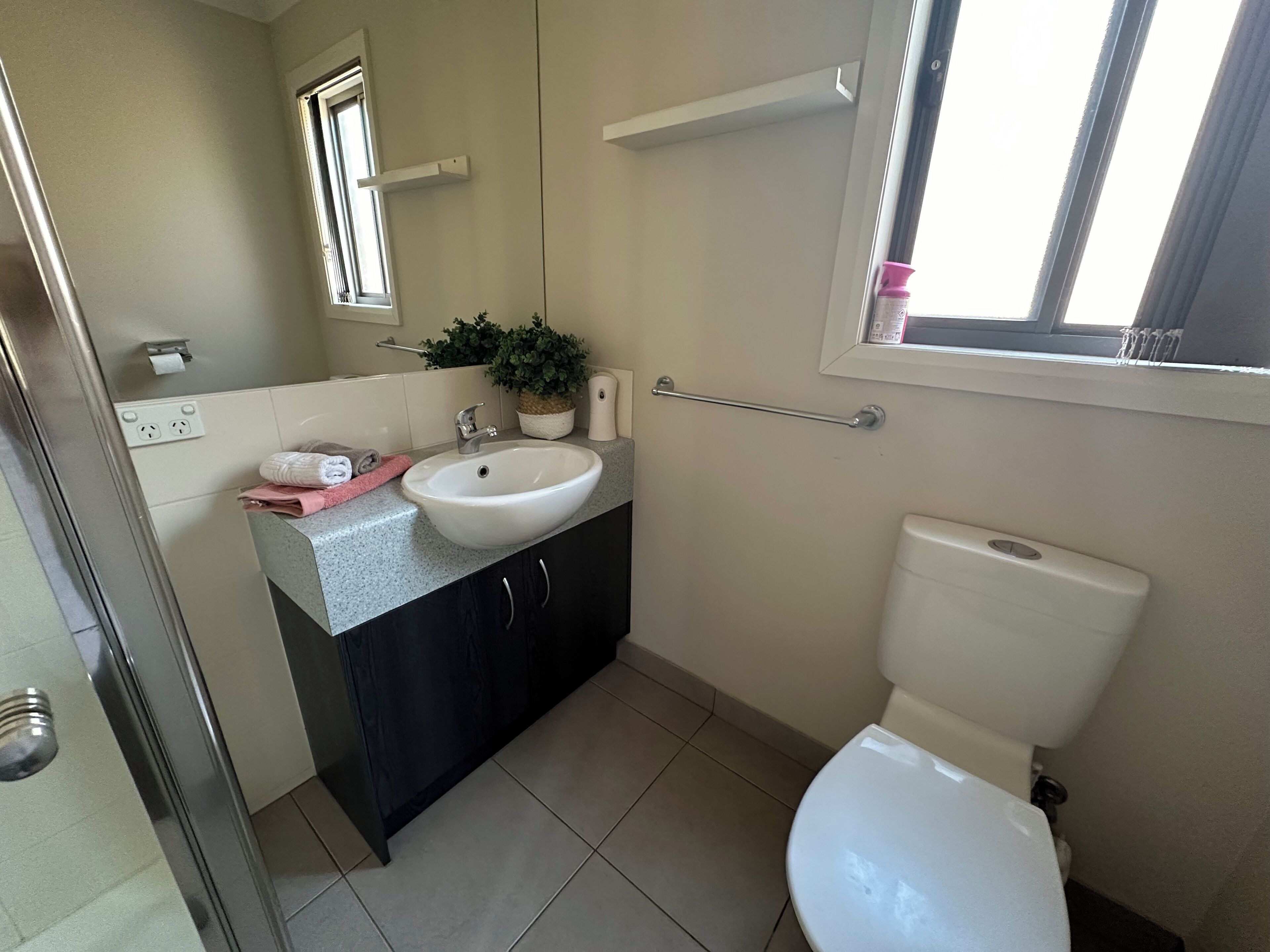 Un baño con un lavamanos blanco, armarios oscuros, un inodoro, un espejo, una ventana y una planta en maceta.