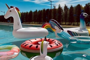 Una piscina con varios juguetes inflables, incluyendo un unicornio, un arcoíris y un flotador con forma de sandía.