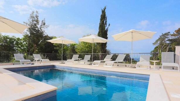 A swimming pool with lounge chairs and umbrellas, surrounded by trees and a clear sky.