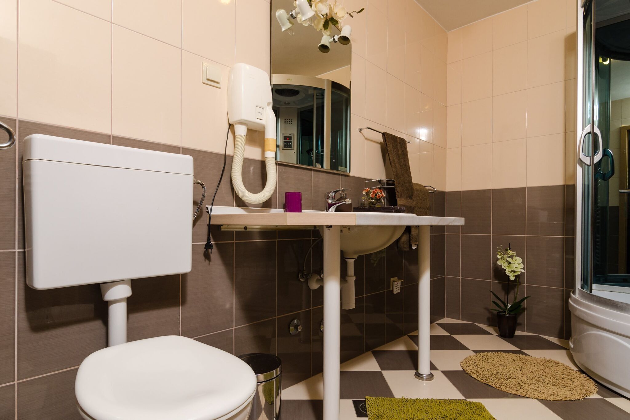 Une salle de bain équipée de toilettes, d’un lavabo, d’un miroir et d’une douche.