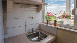 Eine Küche mit Spüle, einem Fenster mit Blumentöpfen und Blick auf eine Wohngegend.