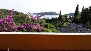 Une terrasse offrant une vue sur un lac et des collines, entourée d’une végétation luxuriante et de fleurs violettes.